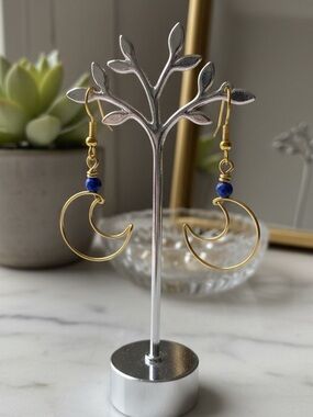 Lapis Lazuli Moon Earrings Gold Wire Wrapped Crescent